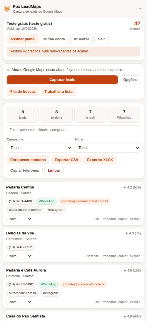 Painel da Fox LeadMaps aberto ao lado do Google Maps, com oito padarias capturadas e telefone, e-mail e WhatsApp de cada uma